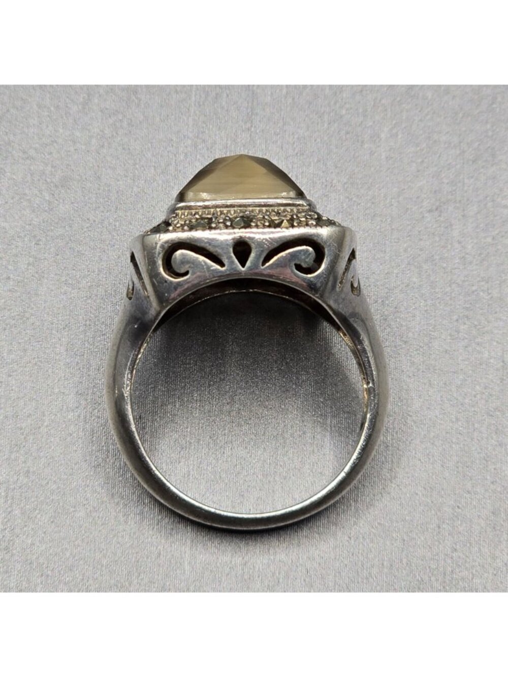 Vintage Sterling Silver Smokey Quartz Marcasite Ring Size 7 Art Deco Dome Cutout - Picture 5 of 15